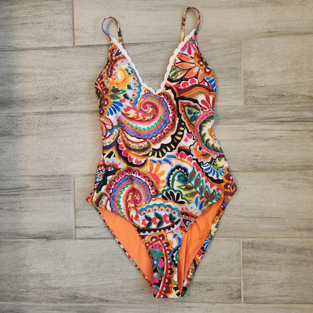 Lucky Brand swimsuit S one piece paisley tropical folk rtsy bohochic new $140
